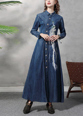Vestido vaquero de algodón bordado con cuello Peter Pan azul, cintura retraída y botones, manga larga, corte entallado